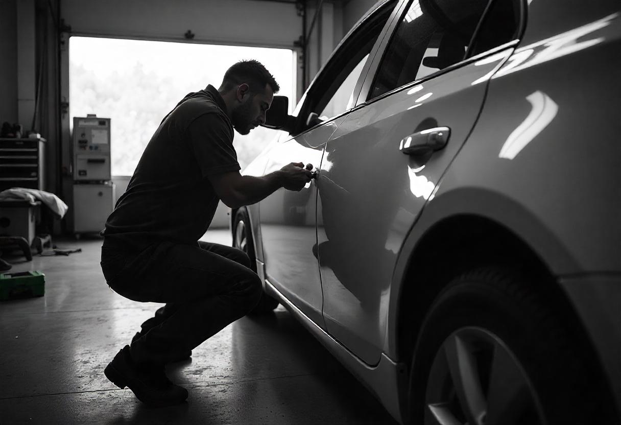 Person behebt kleinere Dellen und Kratzer an einem Auto vor dem Verkauf ohne TÜV in einer gut beleuchteten Garage.