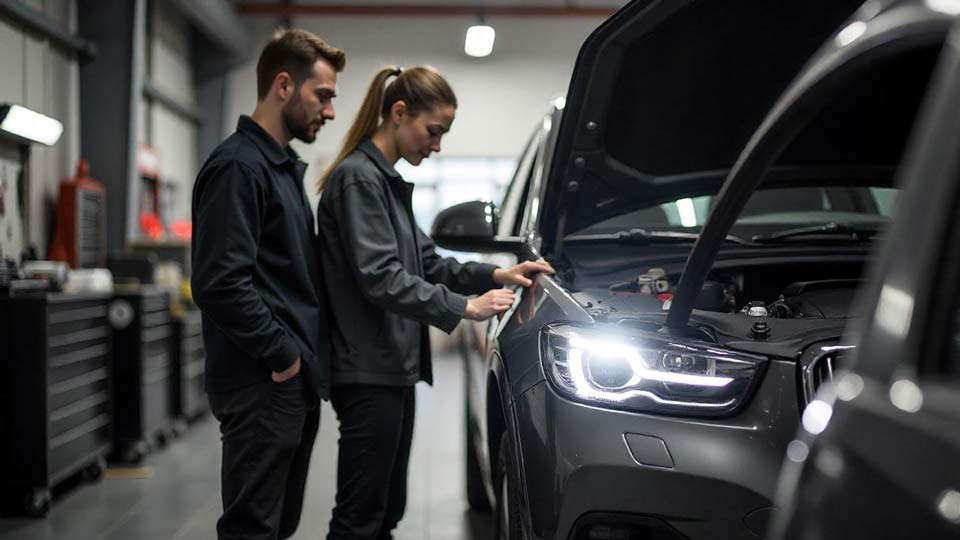 Paar begutachtet einen Gebrauchtwagen, während ein Mechaniker Fahrzeugdetails überprüft